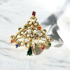 Vintage Multicolor Filigree Brooch – Goldtone Statement Pin